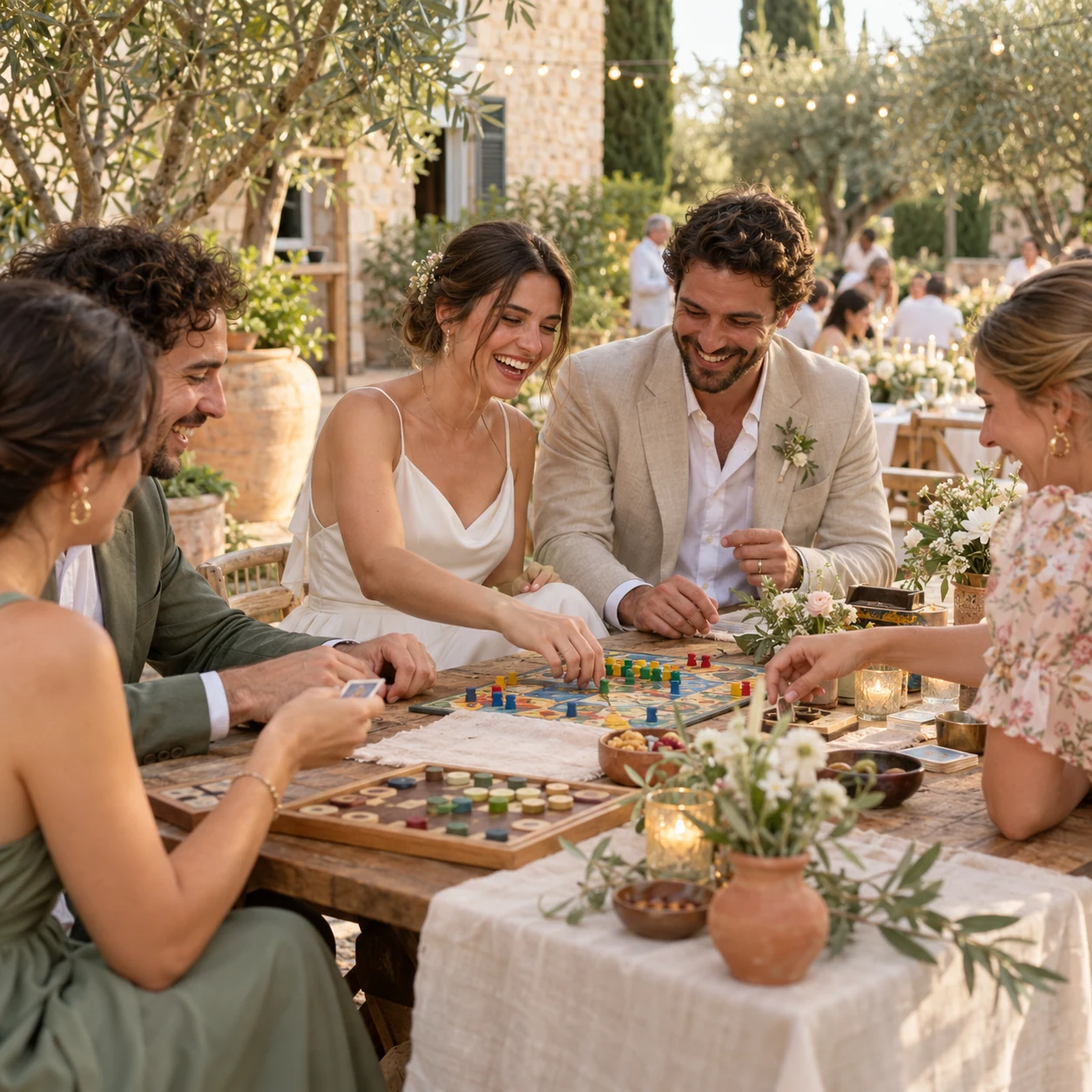 Convidats compartint jocs de taula en una celebració de boda
