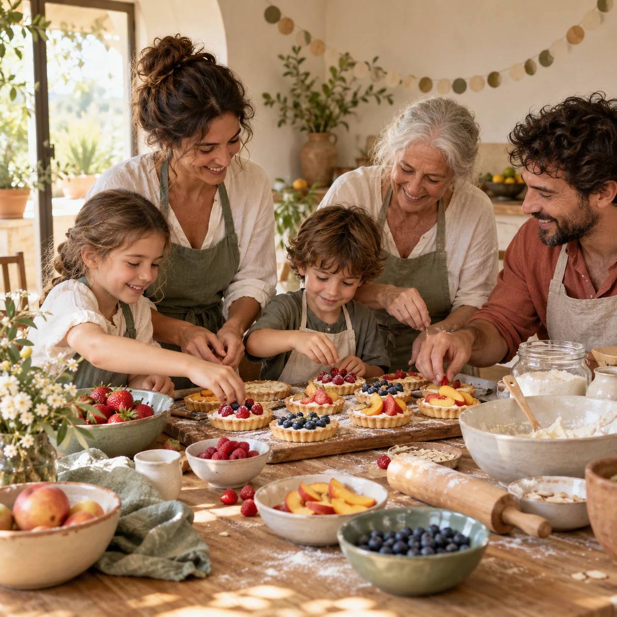 Família preparant tartaletes de fruita en un taller de cuina